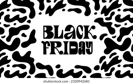 Black Friday Sale Banner Design. Hand Drawn Y2K Text on White Background with Black Shapes Splashes. Vector Advertising Illustration.