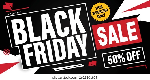 Projeto de banner de venda de sexta-feira preta com tipografia arrojada, 50% fora da promoção, cores vermelhas e pretas, modelo de anúncio de desconto especial de fim de semana