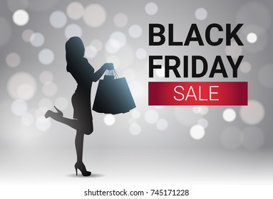 Black Friday Sale Banner Design With Silhouette Female Over White Lights Bokeh Background Holiday Discount Poster Vector Illustration