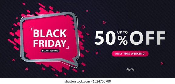Black Friday sale banner. Discount poster with speech bubble and lettering on dark background to advertising shopping, flyers, closeout on thanksgiving day and cyber monday