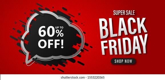 Black Friday sale banner. Discount poster with speech bubble and lettering up to 60 percent off on red background to advertising shopping, flyers, closeout on thanksgiving day and cyber monday