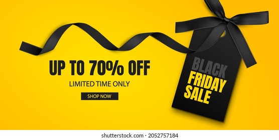 Black Friday Sale Banner. Discount background with black label and black ribbon with bow. Vector 