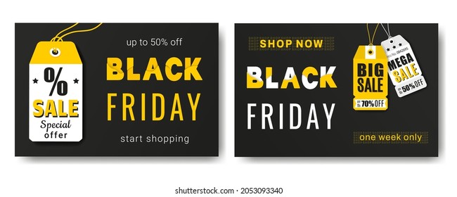 Black Friday sale banner. Discount offer price sign. Colorful text for header, banner, web, design. Discount tags on a black background. Vector
