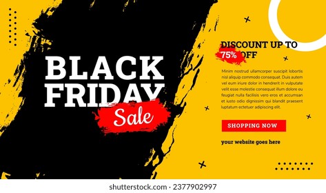 Black Friday Sale Banner. discount  background using black and yellow colors. Vector illustration with brush stroke grunge element. x cross and circle pattern decoration. horizontal layout template.