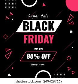 Black Friday Sale Black Banner mit Rabatt bis zu 80% Rabatt. Abendessen. Vektorillustration. Jetzt einkaufen.