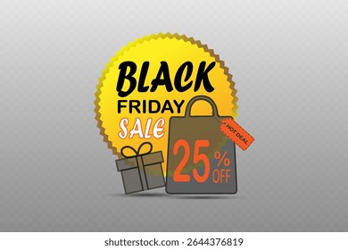 Black friday sale banner with discount shopping bag, gift box and hot deal tag.