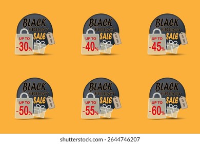 Black friday sale banner with discount shopping bag, gift box and hot deal tag.
