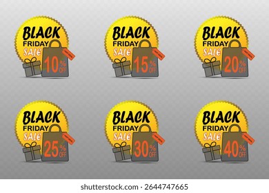 Black friday sale banner with discount shopping bag, gift box and hot deal tag.