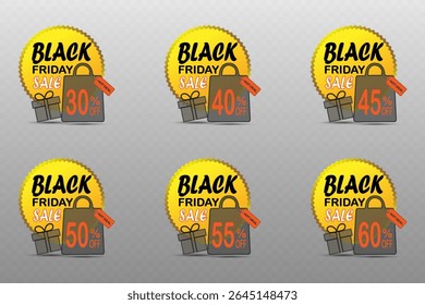 Black friday sale banner with discount shopping bag, gift box and hot deal tag.