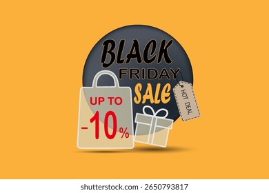 Black friday sale banner with discount shopping bag, gift box and hot deal tag.
