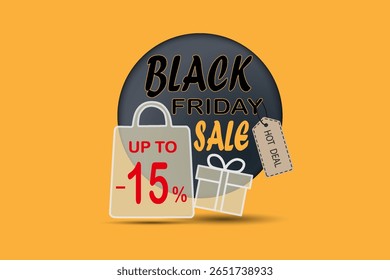 Black friday sale banner with discount shopping bag, gift box and hot deal tag.