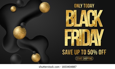 Black Friday sale banner. Elegant business poster. Commercial discount event. Liquid dynamic shapes and golden glittering text on a black background. Vector illustration. EPS 10