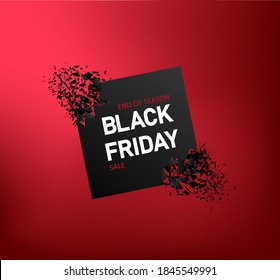 Black friday sale banner with explosion. Discount offer on red background. Flyer for promo. Poster with abstract blast for special price. Card of promotion on black friday. Template for offer. Vector.