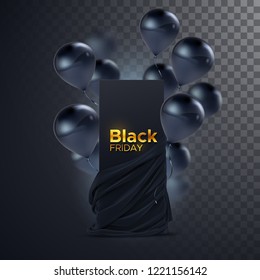 Black Friday. Sale banner with black fabric and balloons. Decoration element for design. Vector illustration. Paper sign, realistic textile with folds and drapes isolated on transparent background