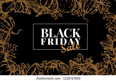 Black friday sale banner with fall elements. Chestnut tree and maple tree leaves and pumpkin. Autumn hand drawn elements.