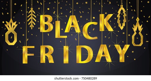 Black Friday sale banner. Fashion promotional card. Poster with gold inscription, pineapple, palm, branch, tropical, on black background. Vector illustration.