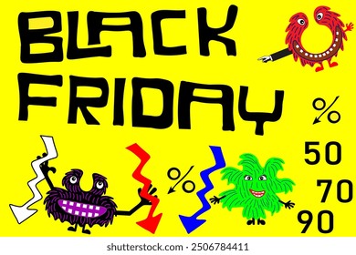 A Black Friday sale banner featuring cute cartoon monsters indicating various percentage discounts. A big promotional discount. The concept of a major sale.Advertising flyer. Special offer. Discounts.