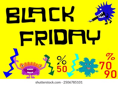 A Black Friday sale banner featuring cute cartoon monsters indicating various percentage discounts. A big promotional discount. The concept of a major sale.Advertising flyer. Special offer. Discounts.