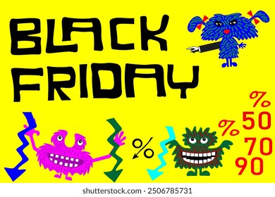 A Black Friday sale banner featuring cute cartoon monsters indicating various percentage discounts. A big promotional discount. The concept of a major sale.Advertising flyer. Special offer. Discounts
