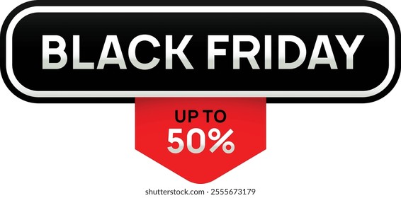 Black friday sale banner featuring a vibrant red ribbon highlighting discounts of up to fifty percent, ideal for attracting customers and promoting irresistible deals