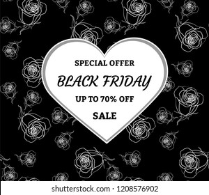 Black friday sale banner, flyer, poster, template for ads with roses. Seasonal discounts. Vector illustration.