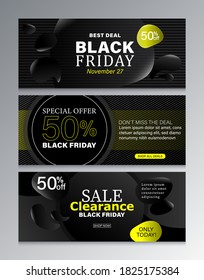 Black Friday sale banner or flyer design with modern liquid background.