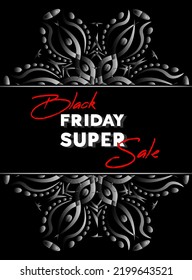 Black Friday. Sale banner, flyer. Text and abstract ornament on black background.
