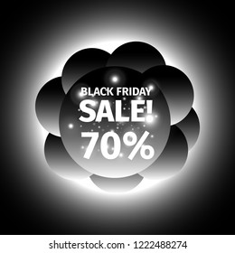 Black friday sale banner in the form of a cloud of black balls with stars and bright luminous flares. 70 percent discount tag. Eps 10 vector.