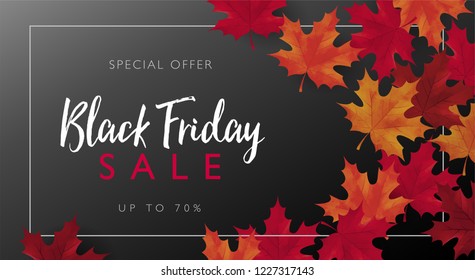 Black Friday sale banner with frame and maple leaves. Vector illustration template for for sale promotion, banner, poster, flyer, leaflet, web banner, social media and graphic use.