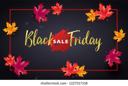 Black Friday sale banner with frame and maple leaves. Vector illustration template for for sale promotion, banner, poster, flyer, leaflet, web banner, social media and graphic use.