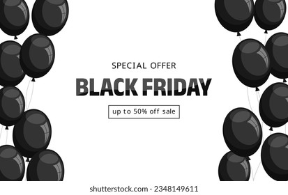 Black friday sale banner. Frame of black balloons on a white background with typography. Flat vector illustration