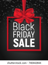 Black Friday Sale banner with frame and bow and confetti on a dark background. Vector illustration.