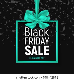 Black Friday Sale banner with frame and bow and confetti on a dark background. Vector illustration.
