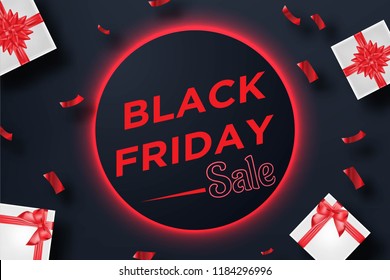 Black friday sale banner with gift box and confetti on red neon background