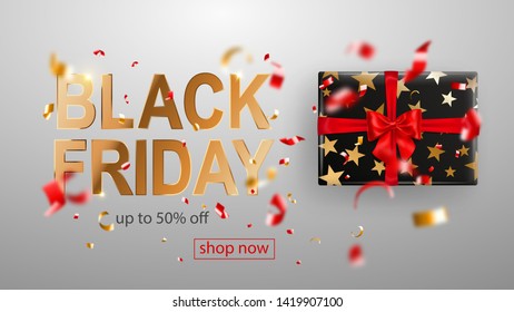 Black Friday sale banner. Gift box with bow and ribbons. Flying shiny blurry red and yellow confetti and pieces of serpentine on white background. Vector illustration for posters, flyers or cards.