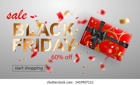 Black Friday sale banner. Gift box with bow and ribbons. Flying shiny blurry red and yellow confetti and pieces of serpentine on white background. Vector illustration for posters, flyers or cards.