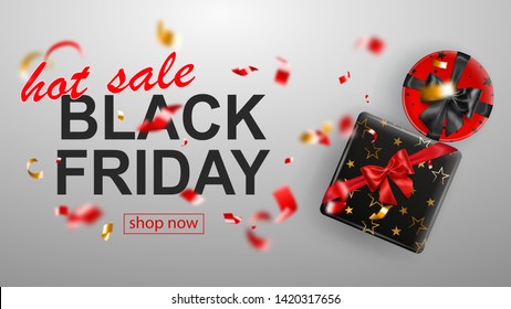 Black Friday sale banner. Gift box with bow and ribbons. Flying shiny blurry red and yellow confetti and pieces of serpentine on white background. Vector illustration for posters, flyers or cards.