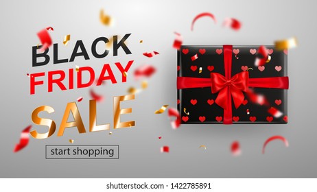 Black Friday sale banner. Gift box with bow and ribbons. Flying shiny blurry red and yellow confetti and pieces of serpentine on white background. Vector illustration for posters, flyers or cards.