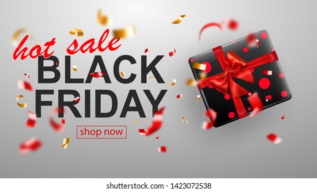 Black Friday sale banner. Gift box with bow and ribbons. Flying shiny blurry red and yellow confetti and pieces of serpentine on white background. Vector illustration for posters, flyers or cards.