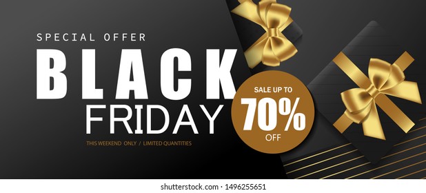 Black Friday sale banner with gift box decorated gold bow design for banner, website, poster. Vector illustration.