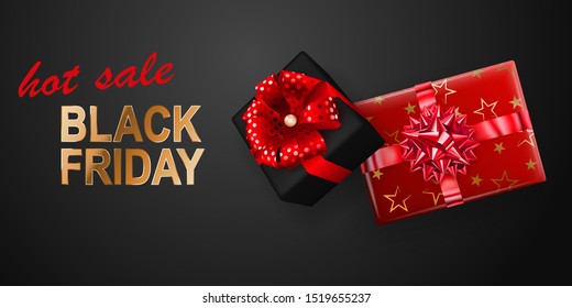 Black Friday sale banner. Gift box with bow and ribbons on dark background. Vector illustration for posters, flyers or cards.