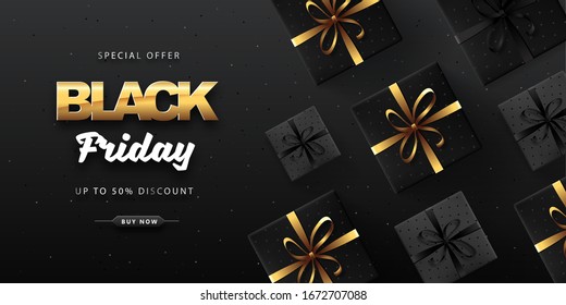 Black friday sale banner with gift boxes on dark black background