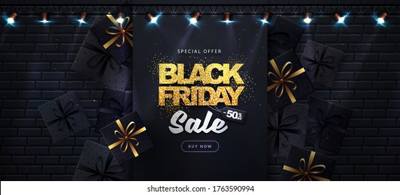 Black friday sale banner with gift boxes on dark black background