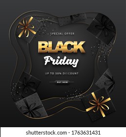 Black friday sale banner with gift boxes on dark black background