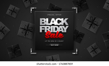 Black friday sale banner with gift boxes on dark black background
