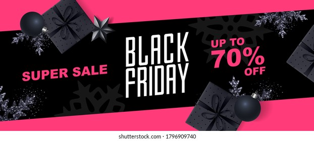 Black friday sale banner with gift boxes and snowflakes on dark black background