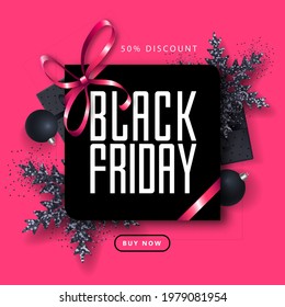 Black friday sale banner with gift boxes and snowflakes on pink background