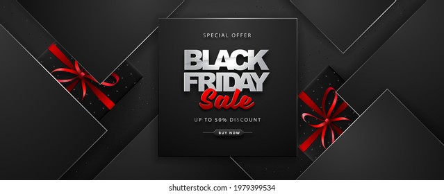 Black friday sale banner with gift boxes on dark black background