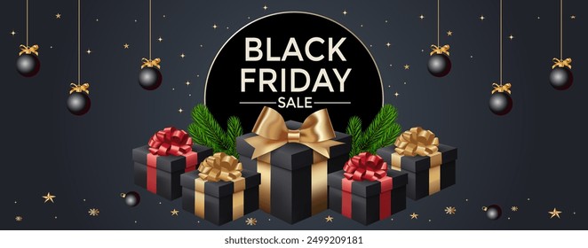 Black friday sale banner with gift boxes and festive decorations