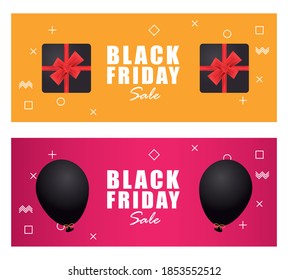 black friday sale banner with gifts and balloons helium floating vector illustration design